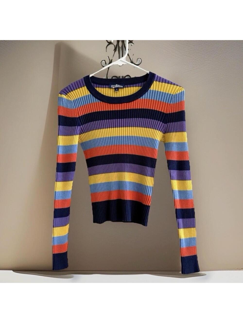 Y2K Freshman 1986 Ribbed Rainbow Stripe Knit Top Women’s Medium Fitted Stretch